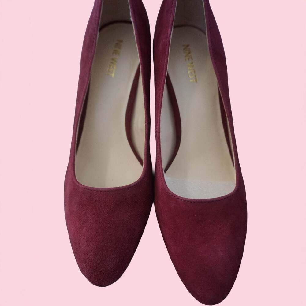 Nine West Sereno Wine Red Suede Block Heel Pumps with Croc-Embossed Heel